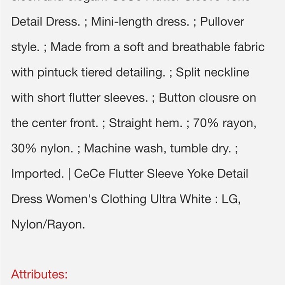 NWT CeCe White Flutter Sleeve Yoke Detail Dress lined - Picture 2 of 9